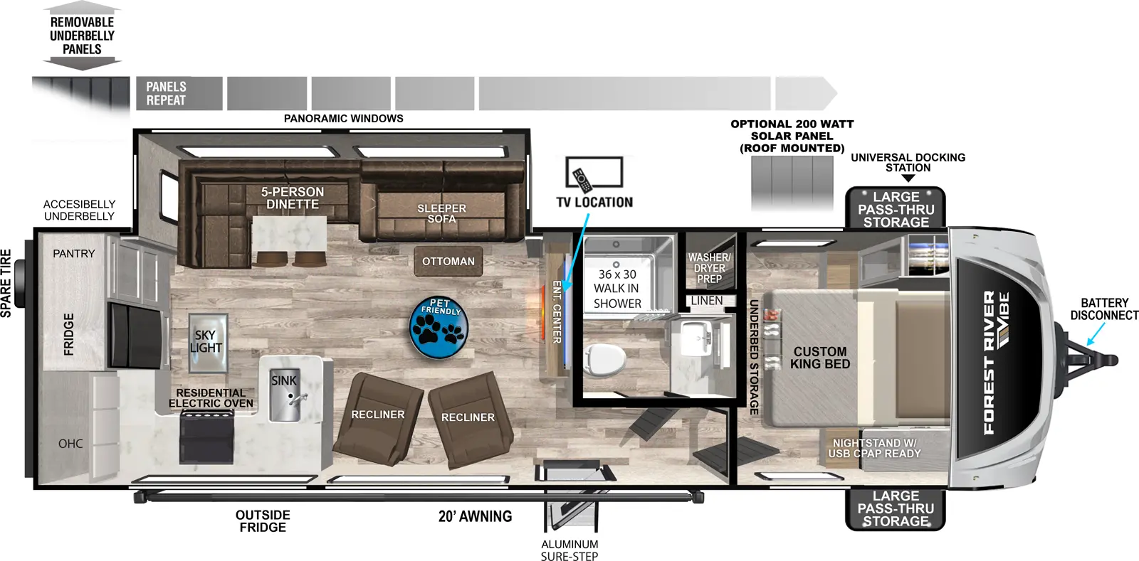 The Vibe 2600RK floorplan has one entry and one slide out. Exterior features include: fiberglass exterior, 20' awning and outside kitchen. Interiors features include: rear kitchen and front bedroom.